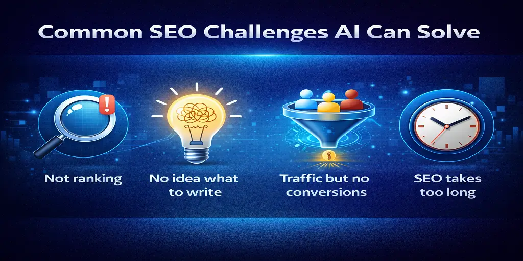 “Infographic of common SEO challenges not ranking, no idea what to write, traffic but no conversions, and SEO taking too long, with icons representing each problem and AI solutions.”