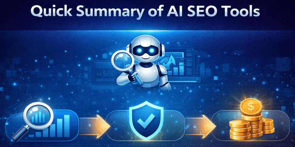 “Infographic showing AI SEO benefits in a flow visibility leading to trust and ultimately revenue, illustrating how AI tools boost search engine success for beginners, SMBs, and affiliates.