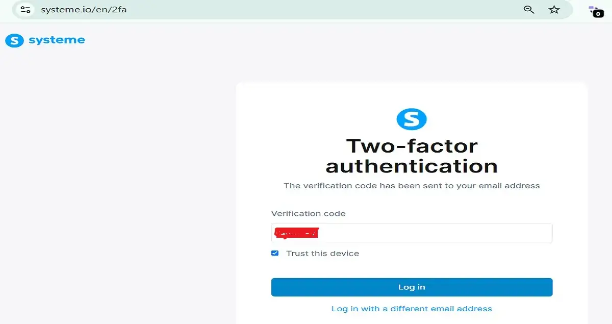 Systeme.io login page step by step two factor