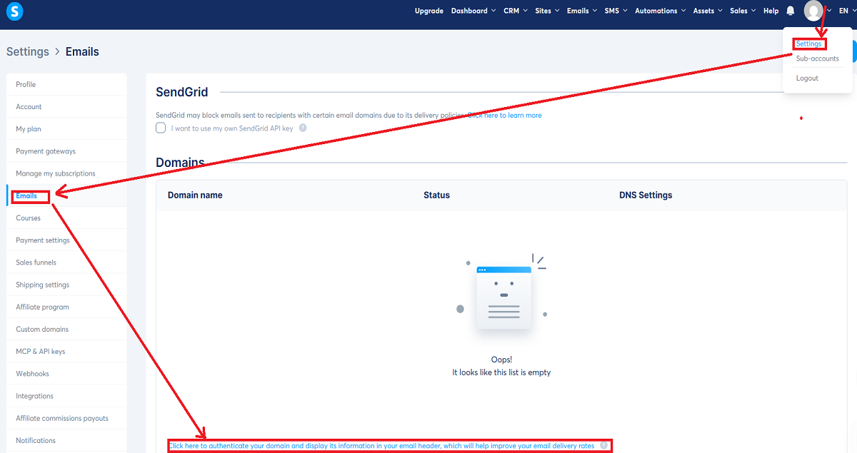 Systeme.io domain authentication  step by step
