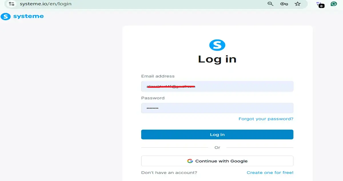 Systeme.io login page step by step 