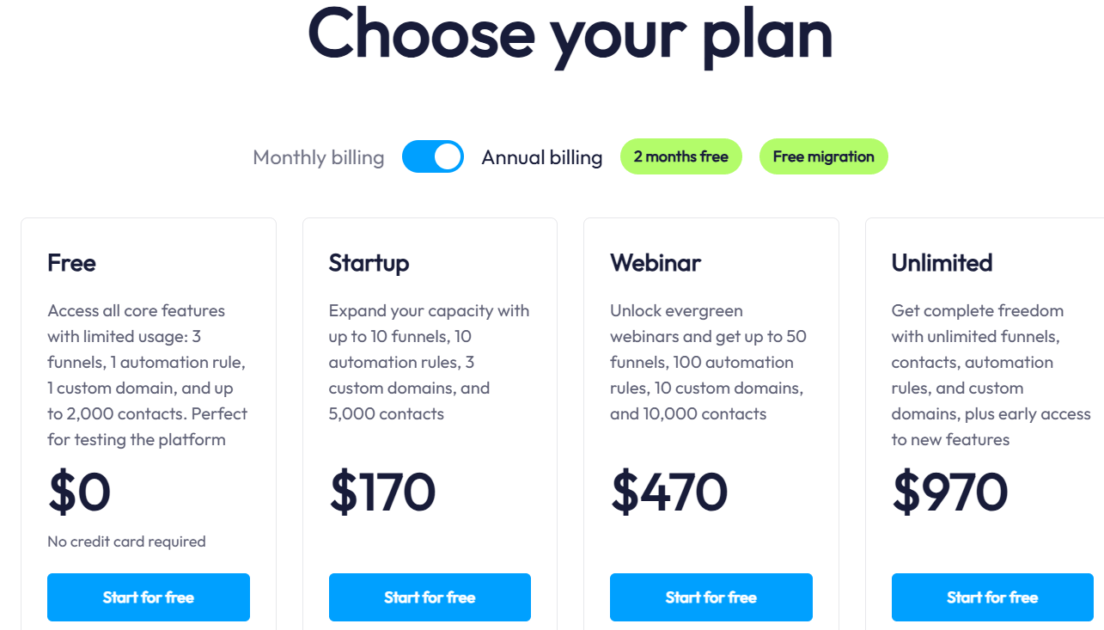 Systeme.io annual pricing plans comparison showing Free, Startup, Webinar, and Unlimited tiers with features and costs
