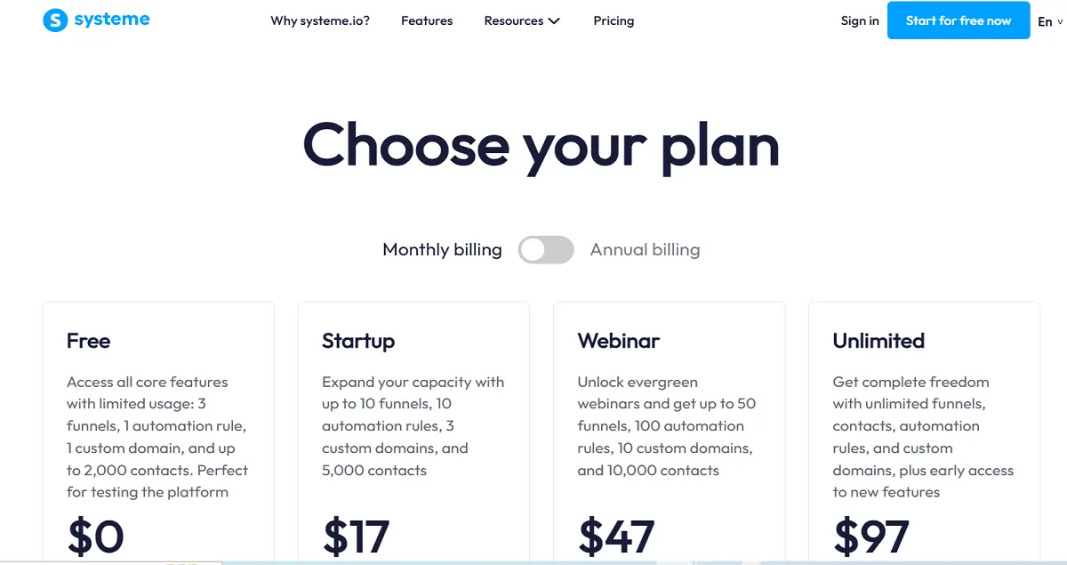 Systeme.io pricing plans comparison 2026