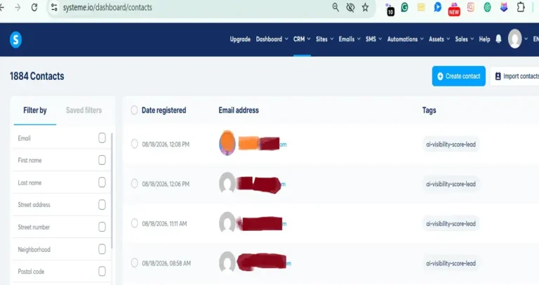 Systeme.io: The All-In-One Platform Guide for 2026 (Login, Pricing & Features) 10 systeme.io dash board showing tag & contacts