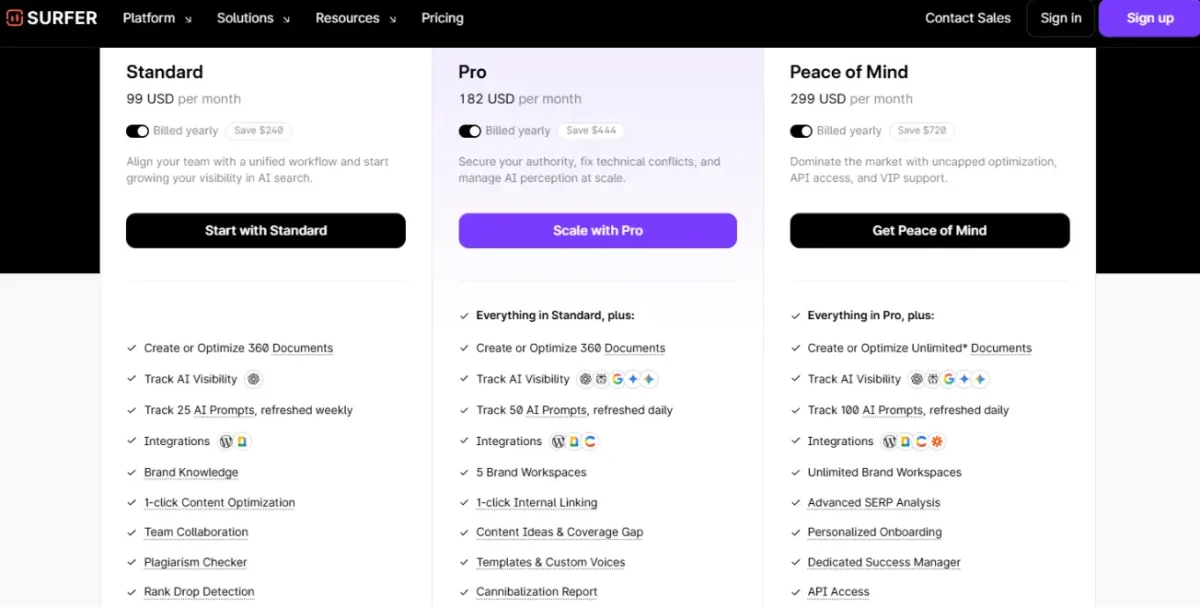 Screenshot of Surfer SEO pricing tiers – AI-powered content editor and keyword research tool for growing websites