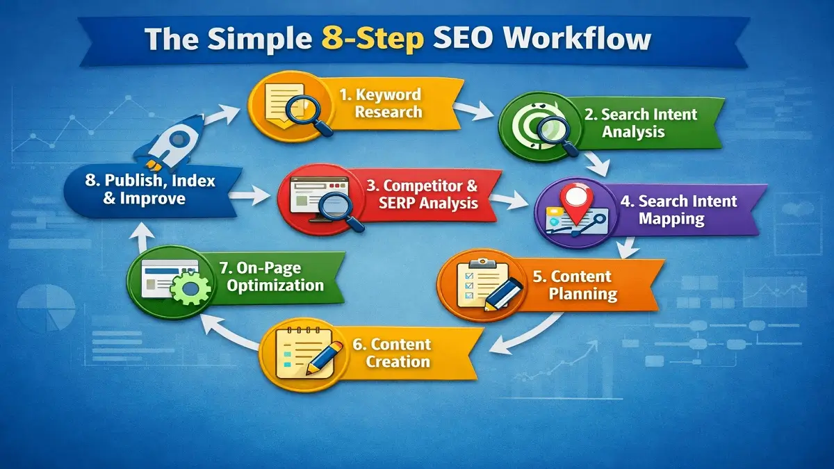 SEO Workflow Process: Step-by-Step Guide to Rank Faster (2026) 2 8 step SEO workflow process from keyword research to tracking