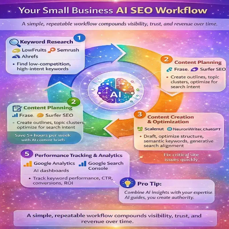 Best AI SEO Tools for Small Business: Automate SEO & Grow Faster 3 AI SEO workflow diagram showing keyword research, content planning, content optimization, technical SEO audit, and performance tracking.