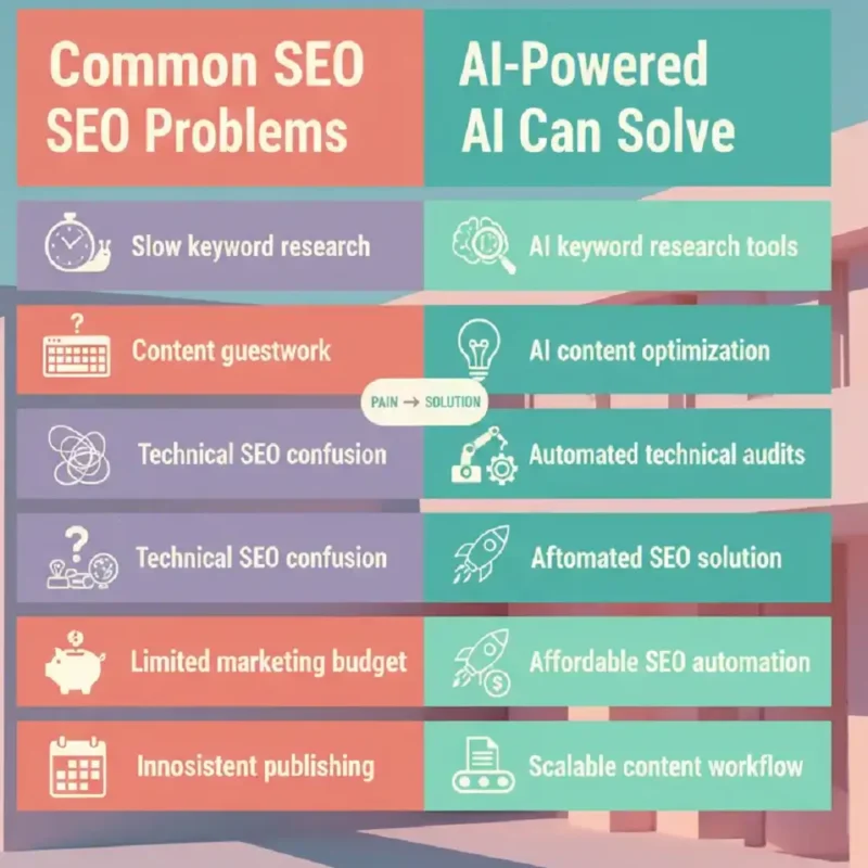 Best AI SEO Tools for Small Business: Automate SEO & Grow Faster 2 Infographic showing common SEO challenges for small businesses and how AI SEO tools solve them through automation and data-driven insights.