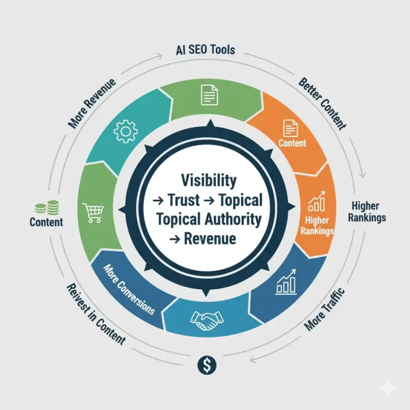 Best AI SEO Tools for Small Business: Automate SEO & Grow Faster 5 AI SEO growth flywheel showing how better content leads to higher rankings, more traffic, increased trust, and higher revenue for small businesses.