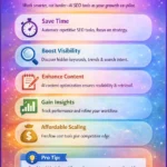 Infographic showing key benefits of AI SEO tools for small businesses, including saving time, improving visibility, optimizing content, gaining data insights, and scaling SEO affordably.