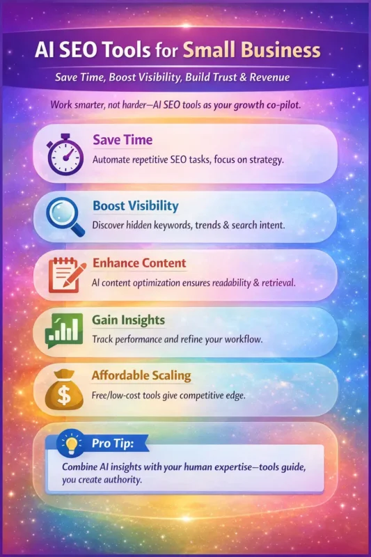 Best AI SEO Tools for Small Business: Automate SEO & Grow Faster 1 Infographic showing key benefits of AI SEO tools for small businesses, including saving time, improving visibility, optimizing content, gaining data insights, and scaling SEO affordably.