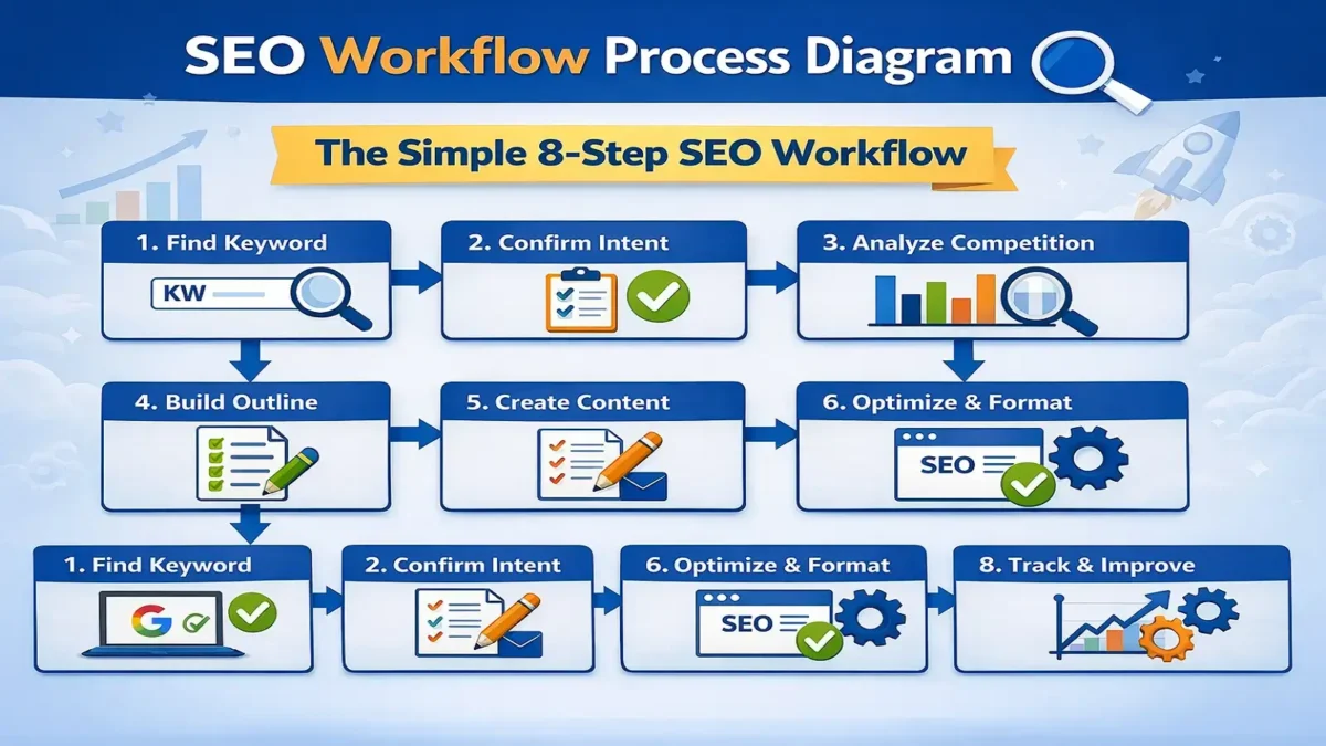 SEO Workflow Process: Step-by-Step Guide to Rank Faster (2026) 1 SEO workflow process diagram showing step-by-step SEO strategy