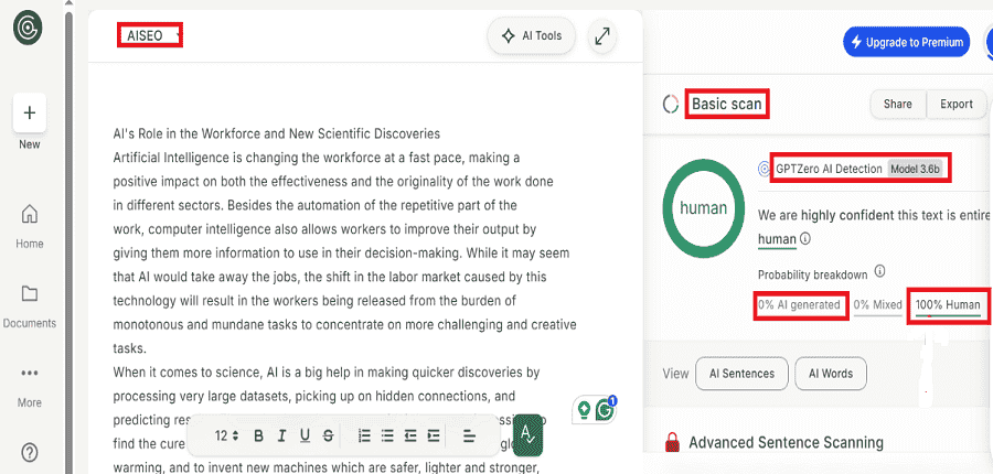 AISEO humanizer test results against GPTZero
