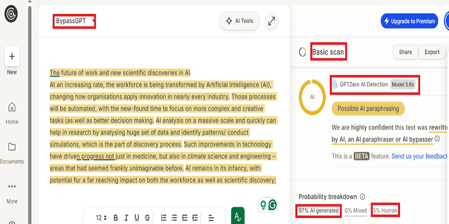 BypassGPT humanizer test results against GPTZero
