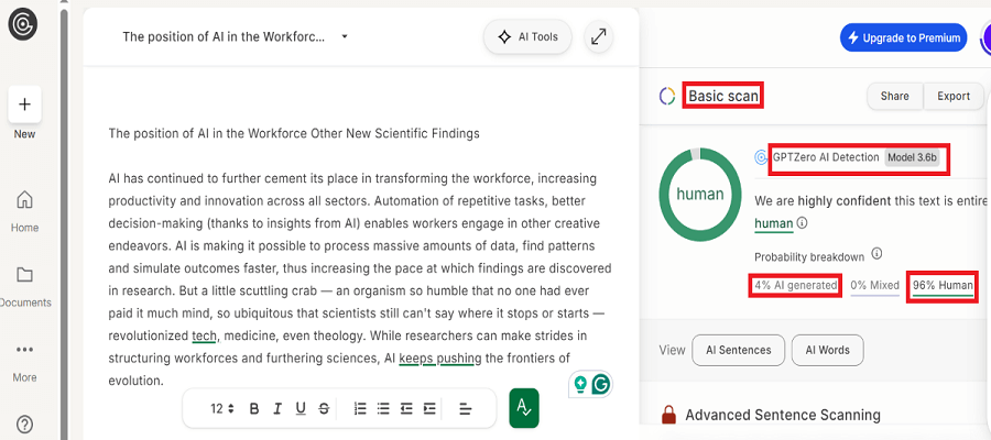 
HIX AI humanizer test results against GPTZero
