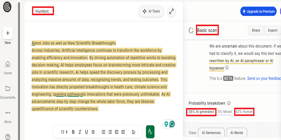 Humbot humanizer test results against GPTZero