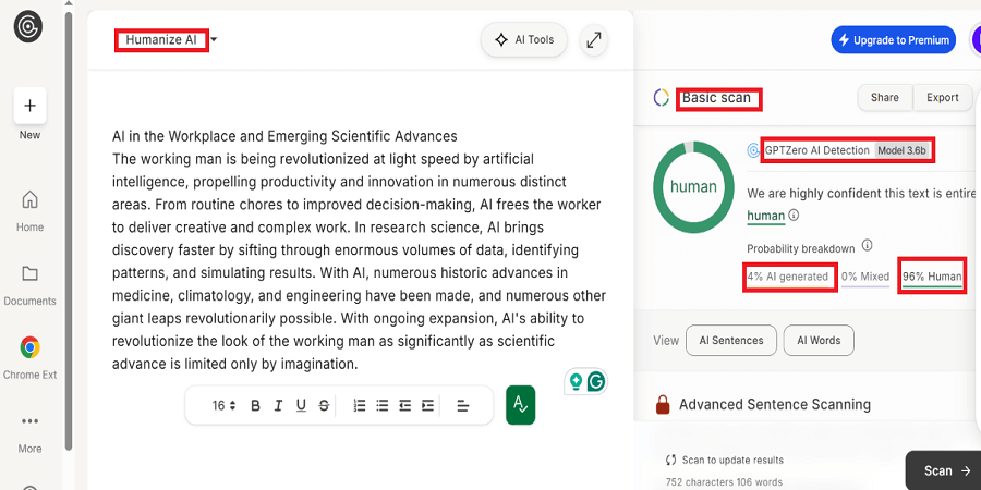 Humanize AI humanizer test results against GPTZero