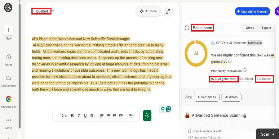 QuillBot humanizer test results against GPTZero