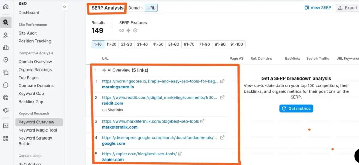 SERP analysis example showing low authority websites ranking on Google search results for a target keyword