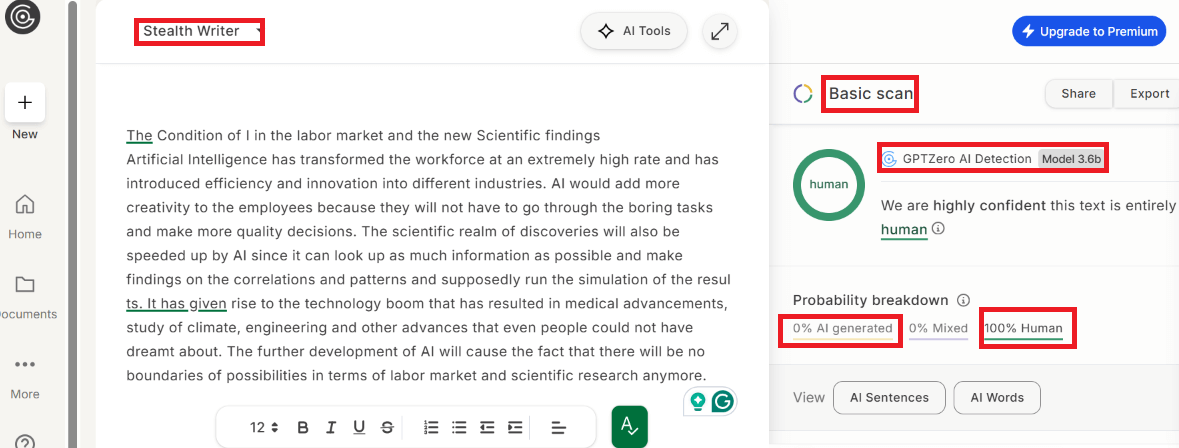 StealthWriter humanizer test results against GPTZero