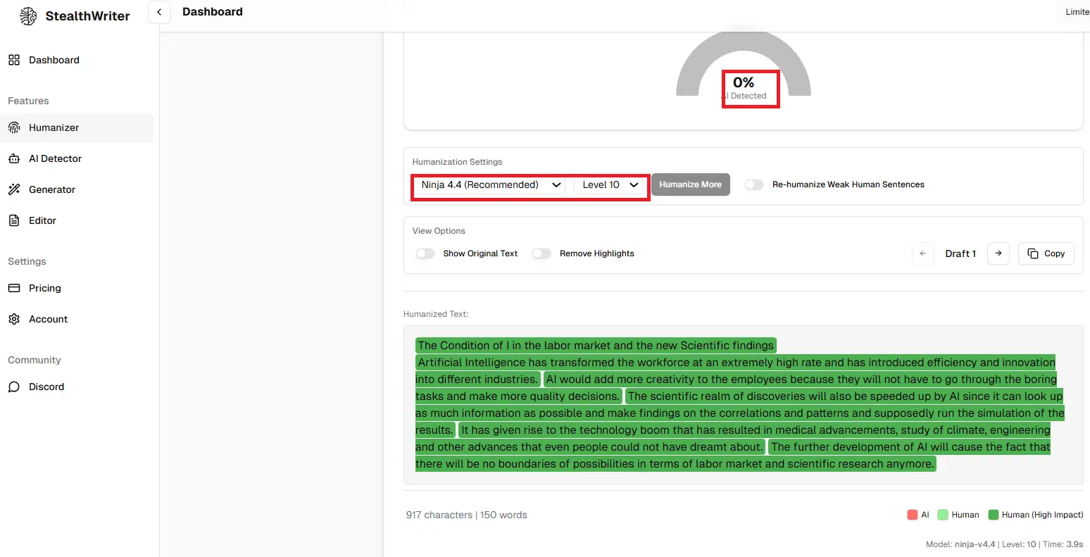 Stealth Writer AI dashboard showing humanized content generation tool interface