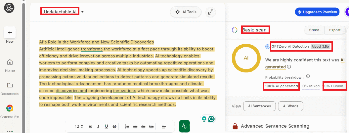Undetectable AI humanizer test results against GPTZero

