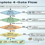Flowchart showing how to find low competition keywords using a 4-gate SEO system including KD, SERP analysis, content gap, and search intent