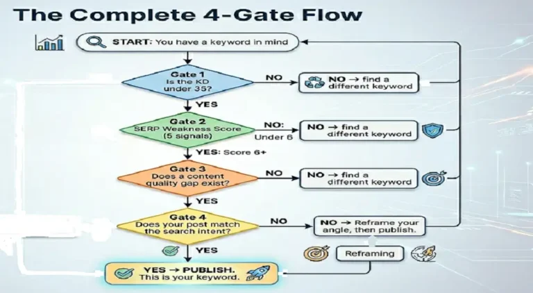Flowchart showing how to find low competition keywords using a 4-gate SEO system including KD, SERP analysis, content gap, and search intent