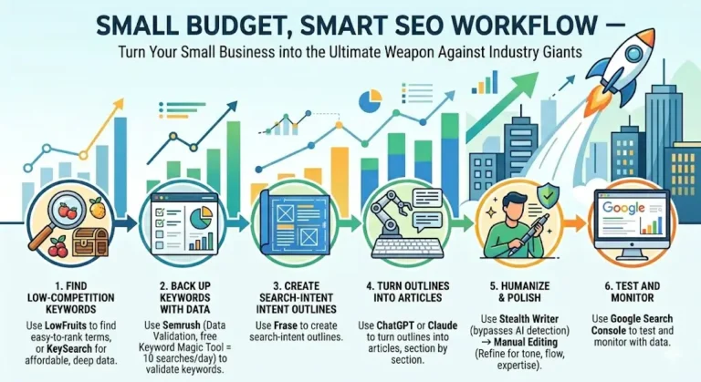 Step-by-step smart SEO workflow chart with AI SEO Tools for small business success