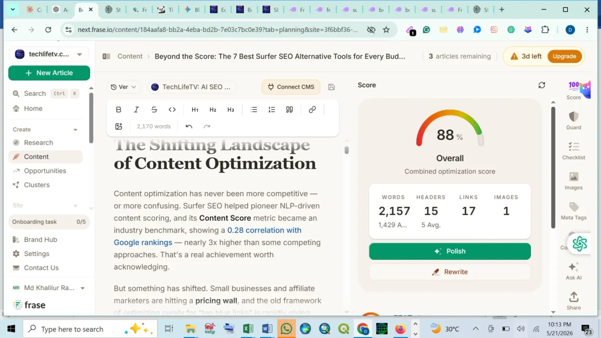 Frase AI content workflow interface showing SERP research and content brief creation