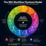 Diagram showing the Modern SEO Workflow Flywheel — a continuous loop of Keyword, Intent, SERP, Outline, Content, Optimize, and Publish feeding into a growth cycle of Data, Analyze, Refresh, Re-optimize, and Repeat.