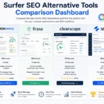 Surfer SEO alternative tools comparison dashboard showing NeuronWriter, Frase, Clearscope and SE Ranking