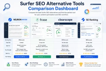 Surfer SEO alternative tools comparison dashboard showing NeuronWriter, Frase, Clearscope and SE Ranking