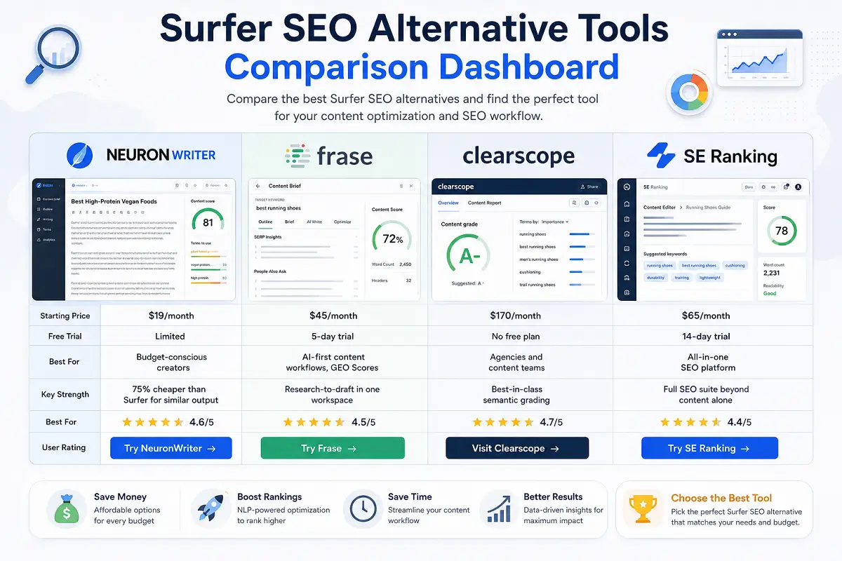 Surfer SEO alternative tools comparison dashboard showing NeuronWriter, Frase, Clearscope and SE Ranking