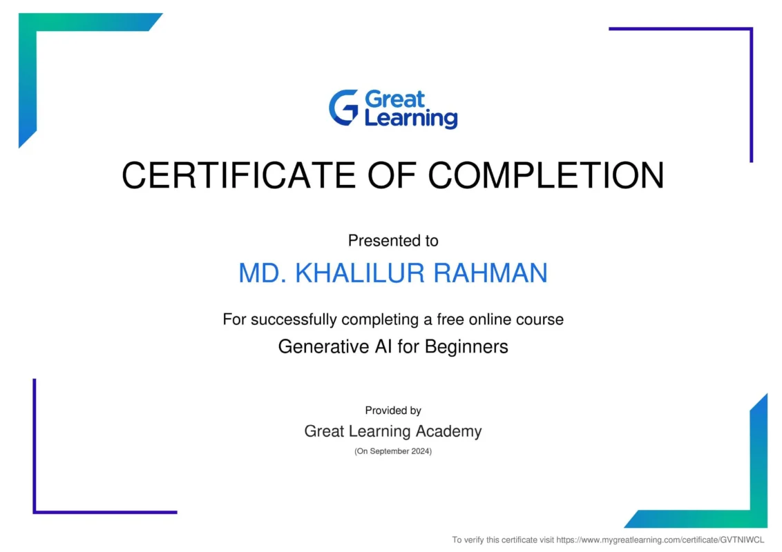 Generative AI for Beginners  Certificat of  Md. Khalilur Rahman