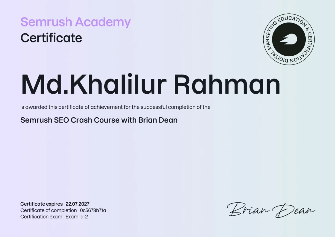 Semrush SEO Crash Course  Certificate of  Md. Khalilur Rahman