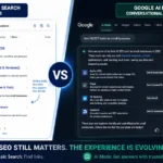 Image showing Classic blue links vs conversational Google AI Mode SEO interface