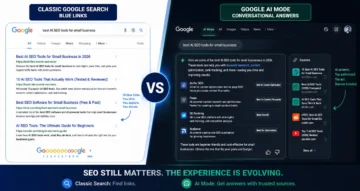 Image showing Classic blue links vs conversational Google AI Mode SEO interface