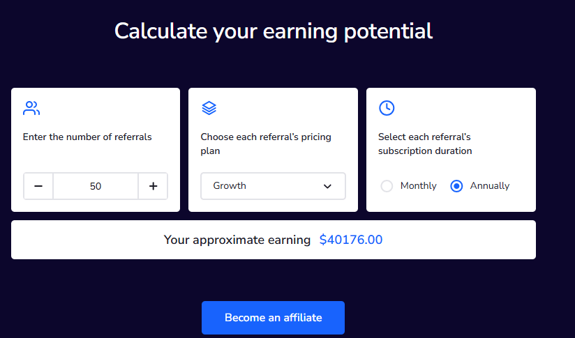 Seranking Affiliate Program: How the 30% Recurring Commission Really Works 4 SE Ranking affiliate program earning calculator showing $40176.00 approximate earning for 50 referrals on the Growth plan with annual subscription