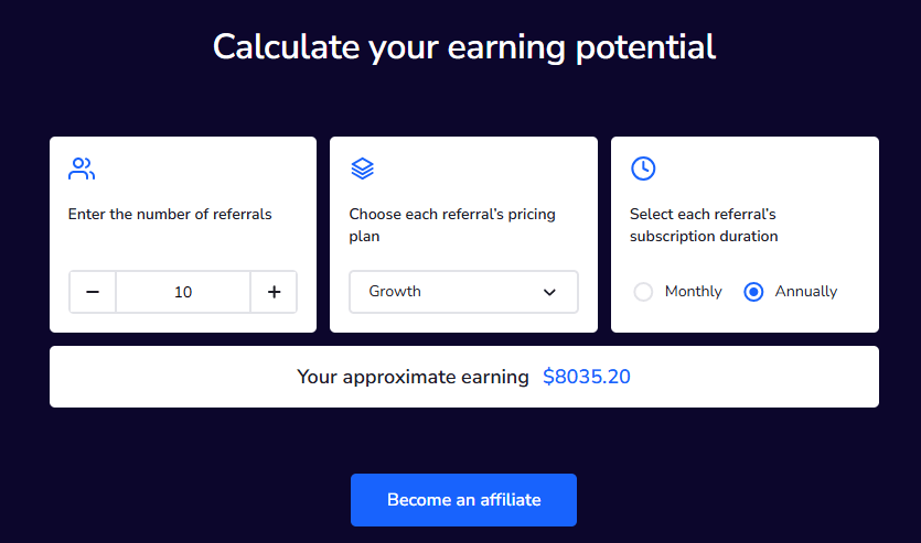 Seranking Affiliate Program: How the 30% Recurring Commission Really Works 3 SE Ranking affiliate program earning calculator showing $8,035.20 approximate earning for 10 referrals on the Growth plan with annual subscription