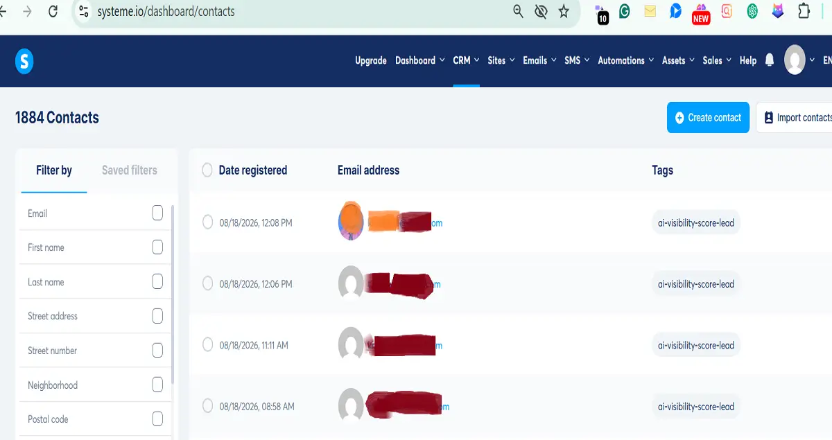 Systeme.io Review 2026: What Nobody Tells You About Setting It Up (From Someone Who Actually Did) 5 Systeme io dashboard showing contact and Tag under CRM