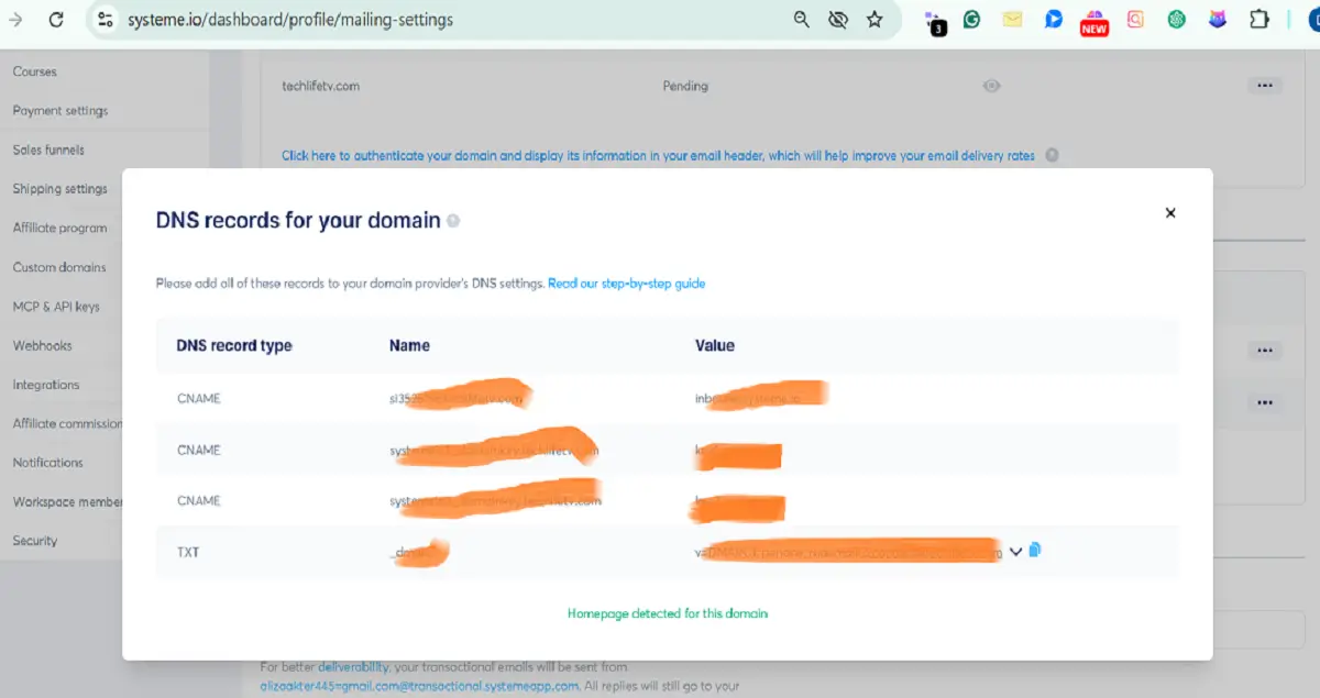 Systeme.io Review 2026: What Nobody Tells You About Setting It Up (From Someone Who Actually Did) 4 Systeme.io DNS records for domain authentication including CNAME and TXT entries