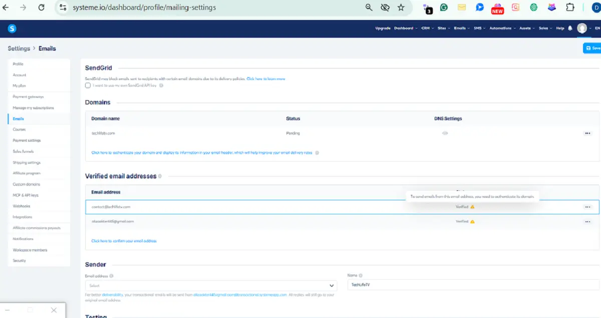 Systeme.io Review 2026: What Nobody Tells You About Setting It Up (From Someone Who Actually Did) 3 Systeme.io sender email verification screen with domain authentication status