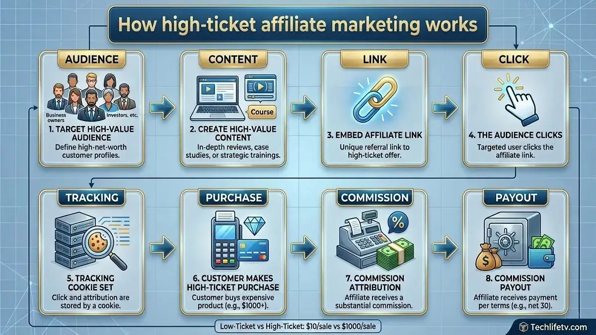 High Ticket Affiliate Marketing: How It Works, Best Programs & How to Start in 2026 3 how high ticket affiliate marketing works diagram