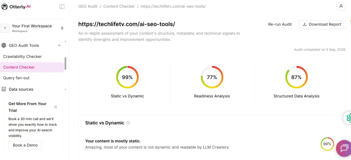 Semrush Free Alternatives: 8 Tools With Real Free Tiers 6 Otterly.AI Content Checker for a techlifetv.com page showing 99% static vs dynamic, 77% readiness, and 87% structured data