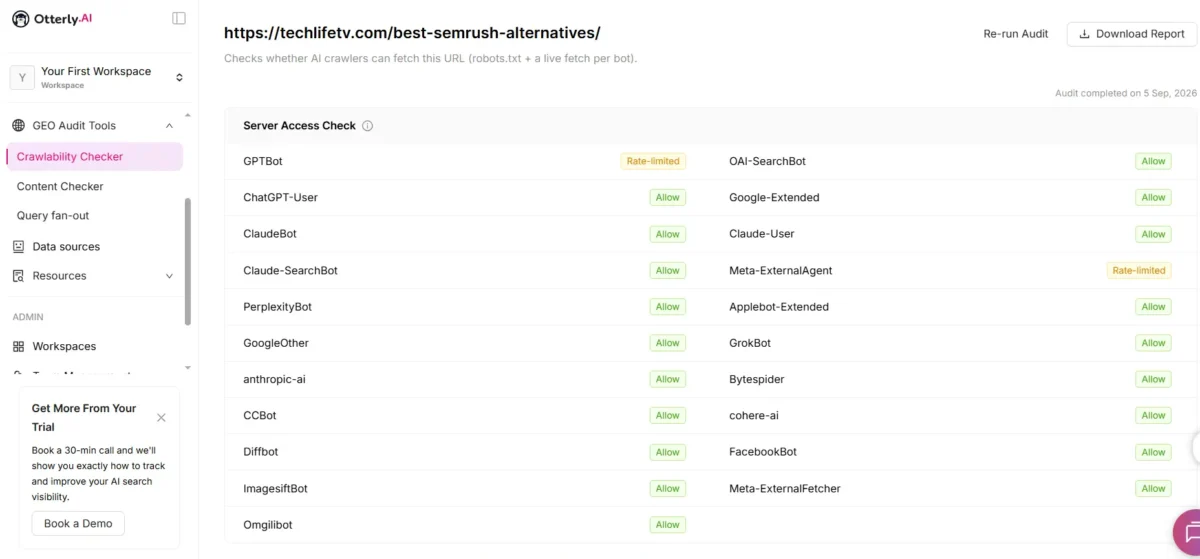 Semrush Free Alternatives: 8 Tools With Real Free Tiers 7 Otterly.AI Crawlability Checker listing AI crawlers allowed or rate-limited for a techlifetv.com post