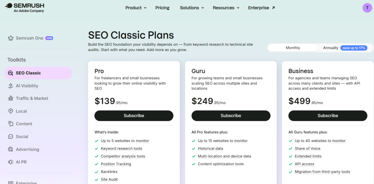 Semrush Free Alternatives: 8 Tools With Real Free Tiers 3 Semrush SEO Classic monthly pricing: Pro $139.95, Guru $249.95, Business $499.95 per month